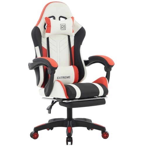 Fotel gamingowy EXTREME R1 Red – skóra eco, podnóżek, poduszki, ergonomia