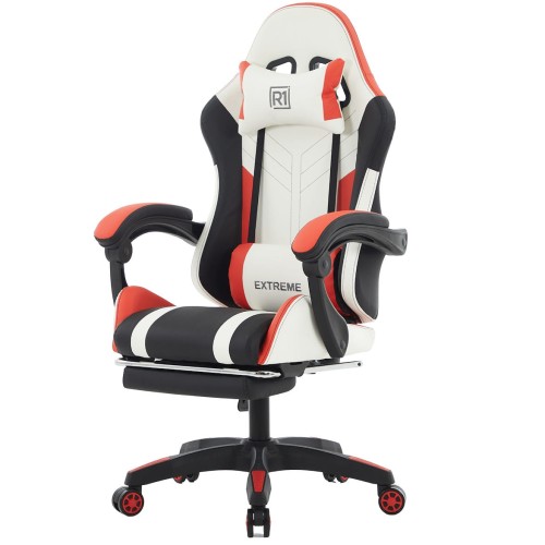 Fotel Gamingowy EXTREME R1 Red Podnóżek, Poduszki, Eco Skóra Premium