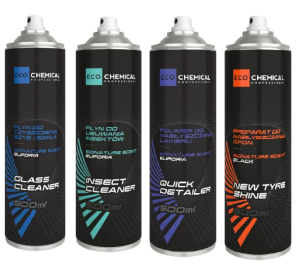 Zestaw 4 kosmetyków samochodowych – opony, lakier - quick detailer, szyby, usuwanie owadów