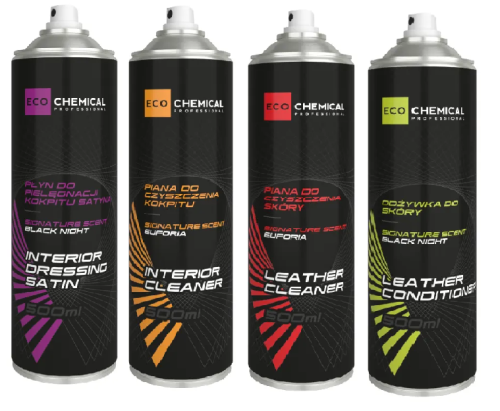 Zestaw 4 kosmetyków do wnętrza auta – skóra, kokpit, plastik, ochrona UV, piękny zapach