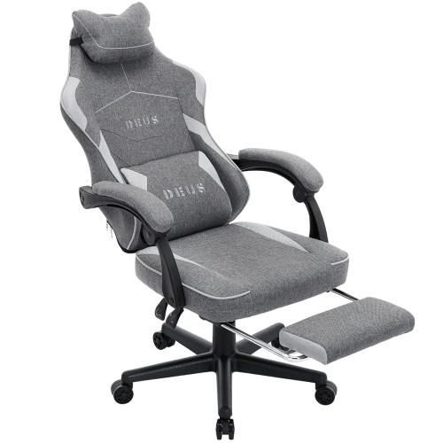 Fotel Gamingowy DEUS EDGE Gray - Szary Tkanina + Podnóżek Ergonomiczny