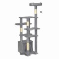 Duży drapak dla kota 145 cm – 6 poziomów, legowisko, budka, stabilny – szary