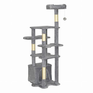 Duży drapak dla kota 145 cm – 6 poziomów, legowisko, budka, stabilny – szary