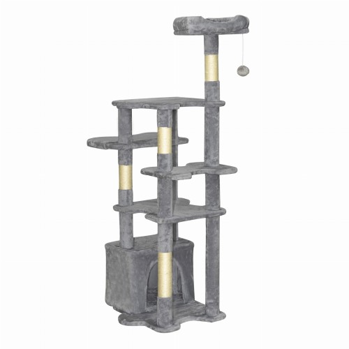Duży drapak dla kota 145 cm – 6 poziomów, legowisko, budka, stabilny – szary