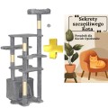 Duży drapak dla kota 145 cm – 6 poziomów, legowisko, budka, stabilny – szary