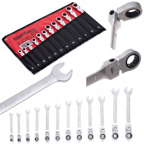 Zestaw Kluczy Płasko-Oczkowych z Grzechotką Łamaną 12 Elementów 8-19 mm