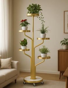 KWIETNIK STOJAK NA ROŚLINY METALOWY STOJĄCY REGAŁ NA KÓŁKACH ZŁOTY 135 CM [KWIETNIK9]