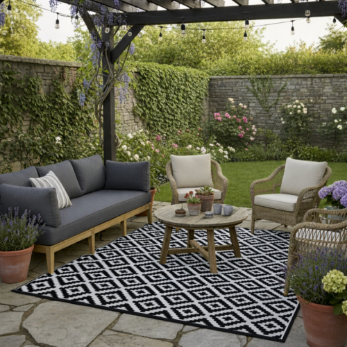 WODOODPORNY DYWAN TARASOWY ZEWNĘTRZNY 160x230 CM CZARNO-BIAŁY ROMBY [DYWAN2]