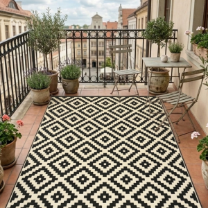 WODOODPORNY DYWAN TARASOWY ZEWNĘTRZNY 160x230 CM CZARNO-BEŻOWY ROMBY [DYWAN10]