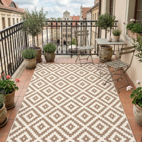 WODOODPORNY DYWAN TARASOWY ZEWNĘTRZNY 160x230 CM BEŻOWO-BIAŁY ROMBY [DYWAN12]