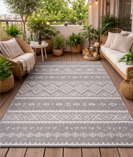 WODOODPORNY DYWAN TARASOWY ZEWNĘTRZNY 160x230 CM SZARO-BIAŁY ETNO [DYWAN16]