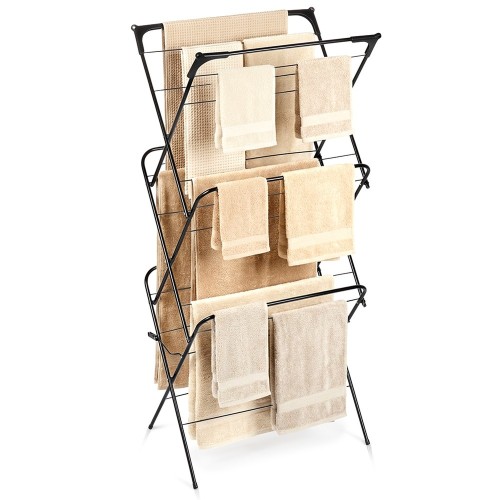 Pionowa suszarka na pranie 3-poziomowa Vilde, metalowa czarna 62x46,5x137,5 cm, 26 prętów, pojemność 12,5 m suszenia, składana, stabilna konstrukcja do wnętrz i na balkon