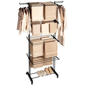 Pionowa suszarka na pranie metalowa XXL 4 poziomy 32 pręty czarna na kółkach 74,5×64×225 cm