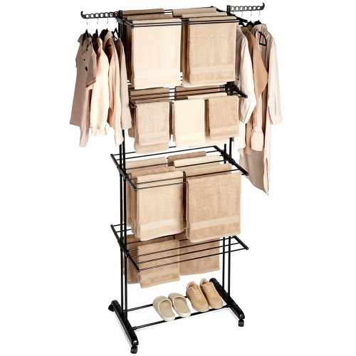 Pionowa suszarka na pranie metalowa XXL 4 poziomy 32 pręty czarna na kółkach 74,5×64×225 cm