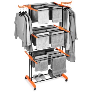 Pionowa suszarka na pranie Vilde XXL 3-poziomowa 24 pręty czarna na kółkach 73×170 cm, składane skrzydła, półka na buty, udźwig 24 kg