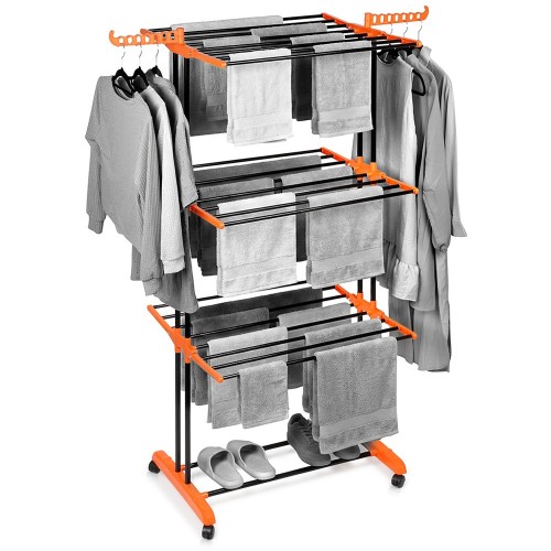 Pionowa suszarka na pranie Vilde XXL 3-poziomowa 24 pręty czarna na kółkach 73×170 cm, składane skrzydła, półka na buty, udźwig 24 kg