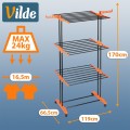 Pionowa suszarka na pranie Vilde XXL 3-poziomowa 24 pręty czarna na kółkach 73×170 cm, składane skrzydła, półka na buty, udźwig 24 kg