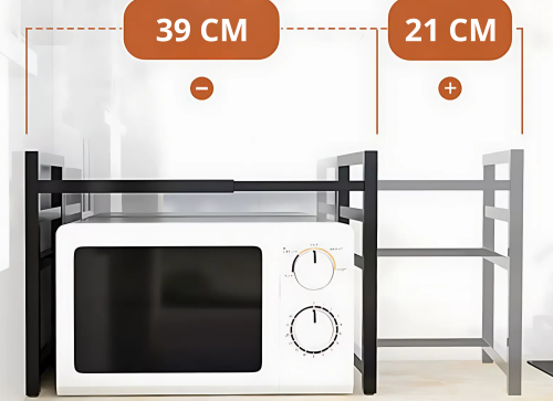 PÓŁKA STOJAK NAD MIKROFALÓWKĘ Z HACZYKAMI CZARNA LOFT REGULOWANA [POLKAM3]