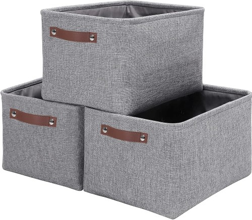 Składany pojemnik organizacyjny z bawełnianego lnu szary,  37x26x20 cm 3 sztuki w zestawie