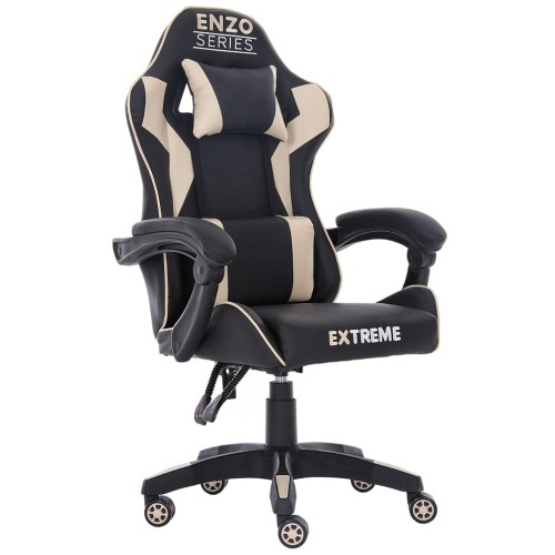 Fotel gamingowy Enzo Beige – ergonomiczny fotel dla graczy, regulacja oparcia i poduszek, skóra ekologiczna