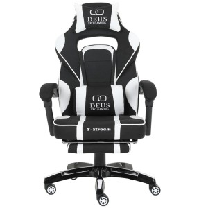 Fotel gamingowy DEUS X-Stream Pro  – ergonomiczny, biało-czarny z tkaniny, wysuwanym podnóżkiem i regulowanymi poduszkami
