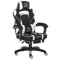 Fotel gamingowy DEUS X-Stream Pro  – ergonomiczny, biało-czarny z tkaniny, wysuwanym podnóżkiem i regulowanymi poduszkami