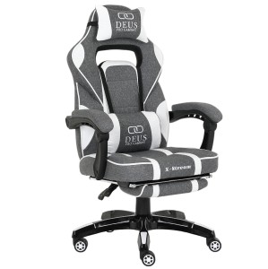Fotel gamingowy DEUS X-Stream Gray/White — ergonomiczny z wysuwanym podnóżkiem, tkanina, 2 poduszki, kauczukowe kółka, regulowane oparcie 