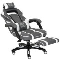 Fotel gamingowy DEUS X-Stream Gray/White — ergonomiczny z wysuwanym podnóżkiem, tkanina, 2 poduszki, kauczukowe kółka, regulowane oparcie 