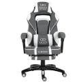 Fotel gamingowy DEUS X-Stream Gray/White — ergonomiczny z wysuwanym podnóżkiem, tkanina, 2 poduszki, kauczukowe kółka, regulowane oparcie 