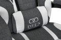 Fotel gamingowy DEUS X-Stream Gray/White — ergonomiczny z wysuwanym podnóżkiem, tkanina, 2 poduszki, kauczukowe kółka, regulowane oparcie 