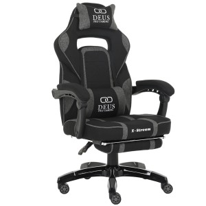 Deus X-Stream Fotel gamingowy z tkaniny z podnóżkiem i regulowanymi poduszkami – ciemnoszary, ergonomiczny, kółka kauczukowe 
