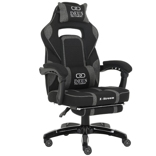Deus X-Stream Fotel gamingowy z tkaniny z podnóżkiem i regulowanymi poduszkami – ciemnoszary, ergonomiczny, kółka kauczukowe 