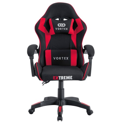 Fotel gamingowy EXTREME Vortex Red – ergonomiczny, tapicerowany fotel dla graczy z regulowanym oparciem i poduszkami, obrotowy 360° (czarno-czerwony)