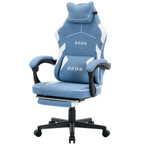 Fotel Gamingowy DEUS EDGE Light Blue Tkanina Podnóżek Regulowany