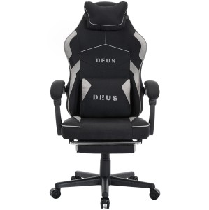 Fotel gamingowy DEUS EDGE z tkaniną i wysuwanym podnóżkiem — ergonomiczny fotel biurowy 360° (czarny)