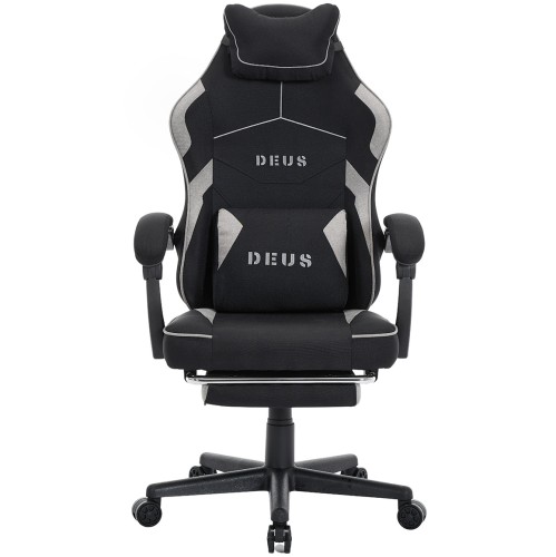 Fotel gamingowy DEUS EDGE z tkaniną i wysuwanym podnóżkiem — ergonomiczny fotel biurowy 360° (czarny)