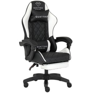 Fotel Gamingowy Quattro White Podnóżek Pikowany Eco Skóra Premium