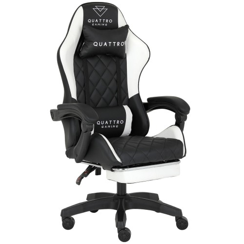 Fotel Gamingowy Quattro White Podnóżek Pikowany Eco Skóra Premium
