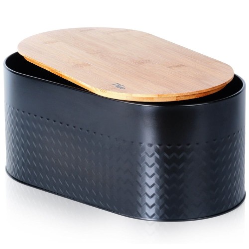 Chlebak stalowy z deską drewnianą czarny 34x18,5x15,5 cm