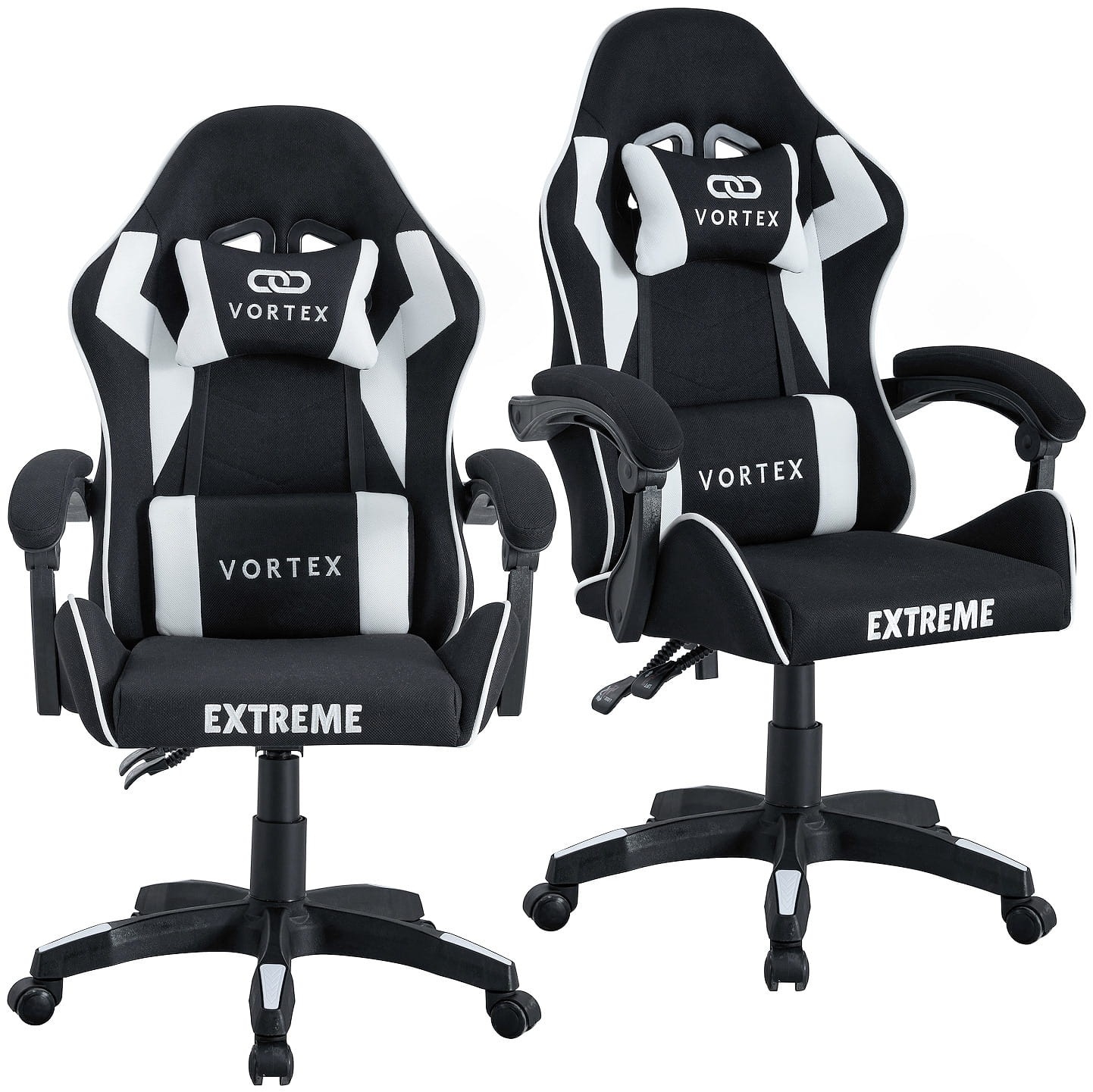 Fotel gamingowy EXTREME Vortex Black/White – tkanina, regulacja, poduszki