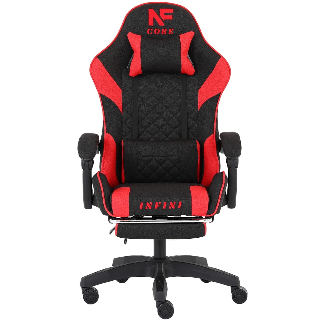 Fotel gamingowy INFINI Core Red – tkanina, podnóżek, ergonomia, poduszki