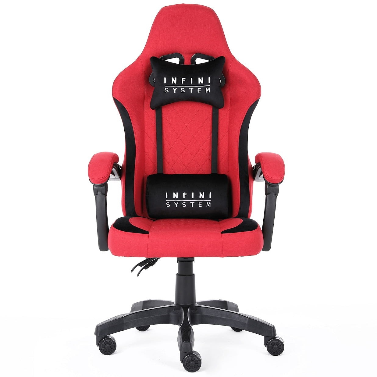 Fotel Gamingowy INFINI SYSTEM Red, Dwie poduszki premium, Wysuwany podnóżek,  Miękkie podłokietniki