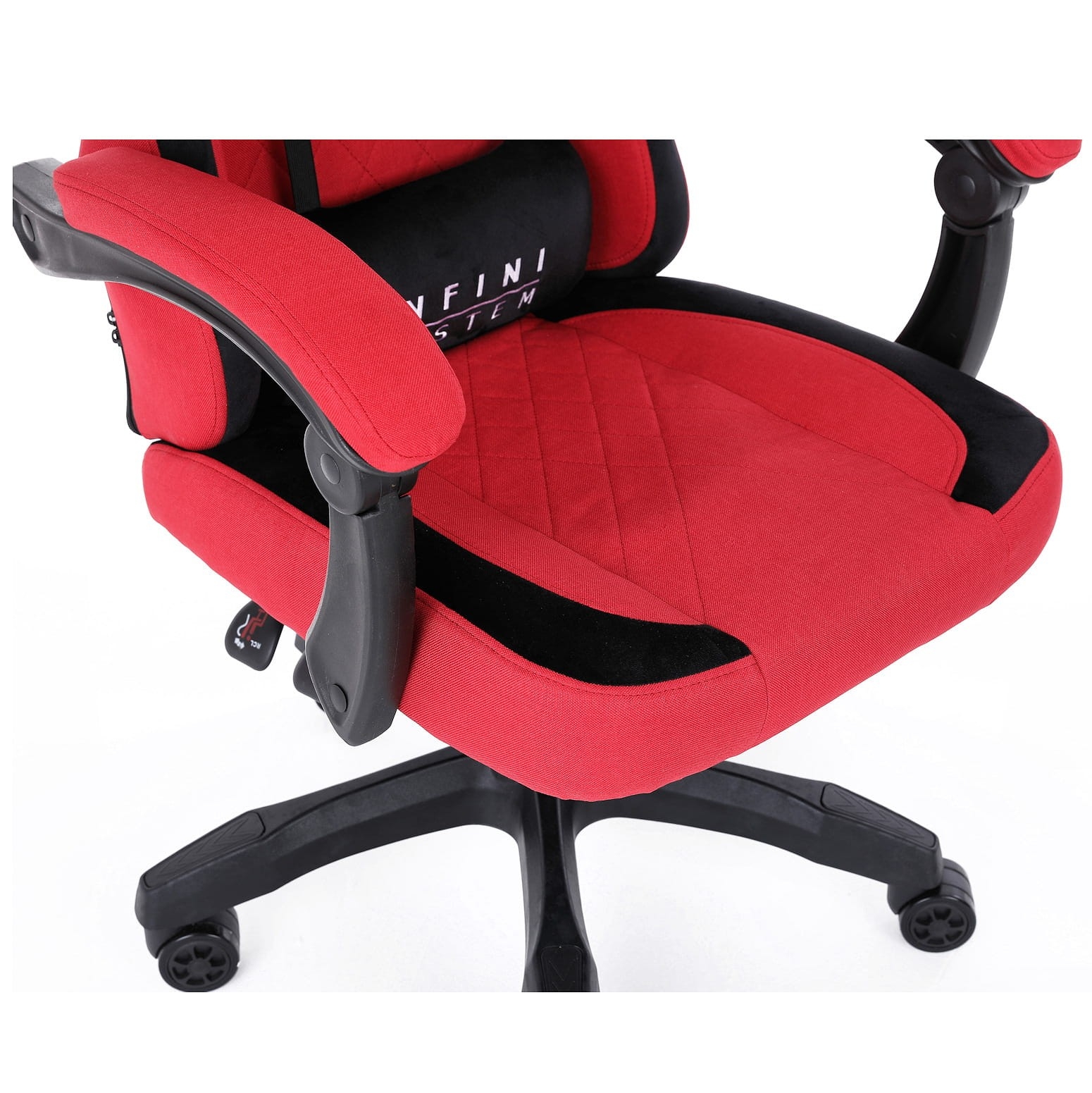 Fotel Gamingowy INFINI SYSTEM Red, Dwie poduszki premium, Wysuwany podnóżek,  Miękkie podłokietniki