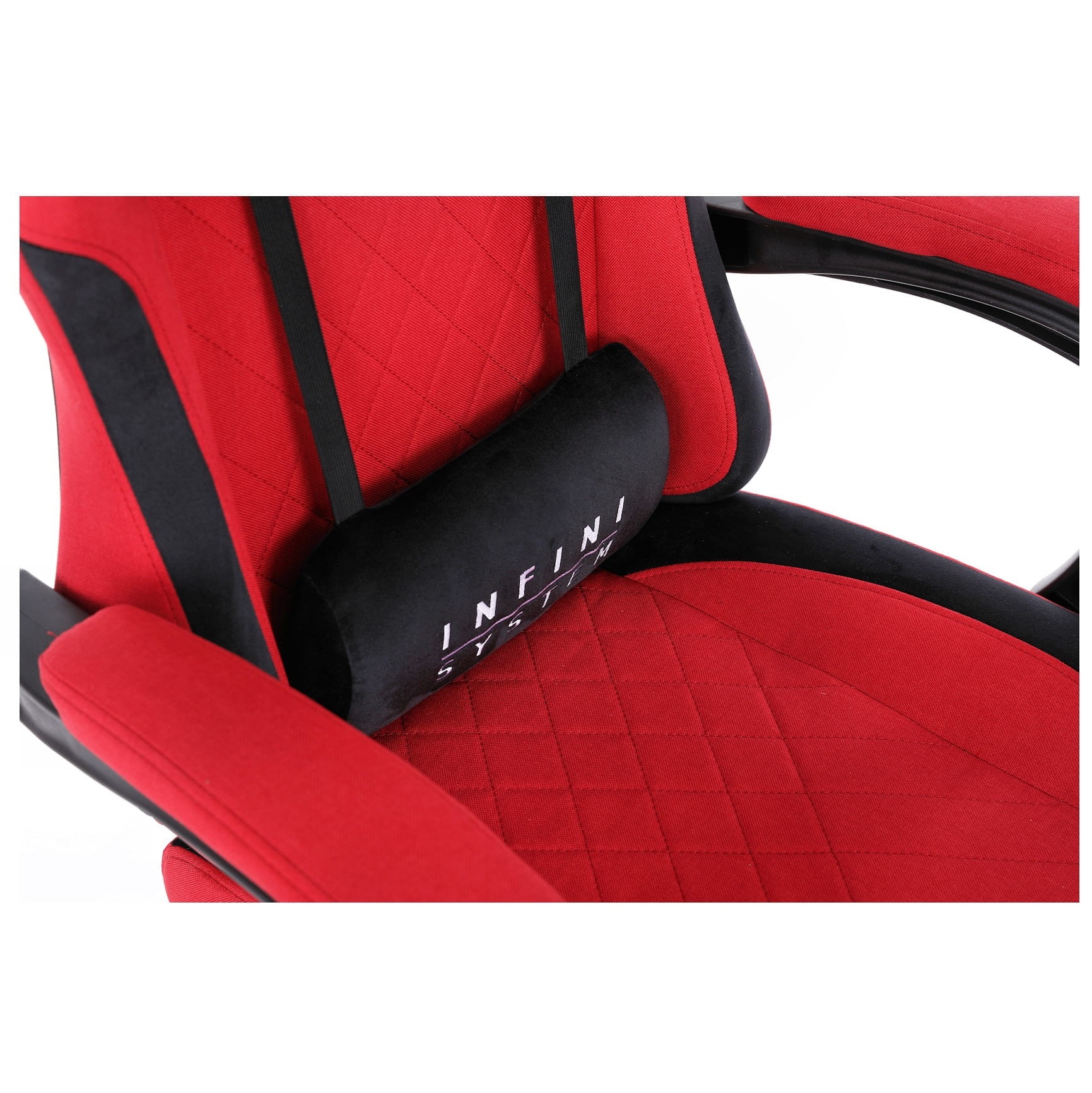 Fotel Gamingowy INFINI SYSTEM Red, Dwie poduszki premium, Wysuwany podnóżek,  Miękkie podłokietniki