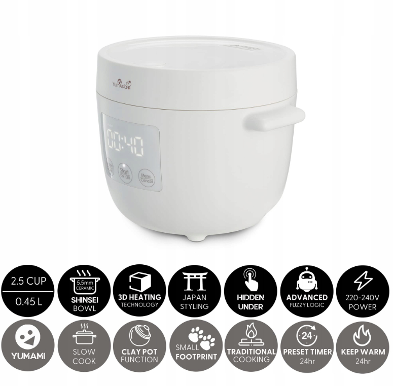 Yum Asia Mini Rice Cooker 3D – inteligentny garnek do ryżu z ceramiczną misą 0,45L Uszkodzona miska ceramiczna