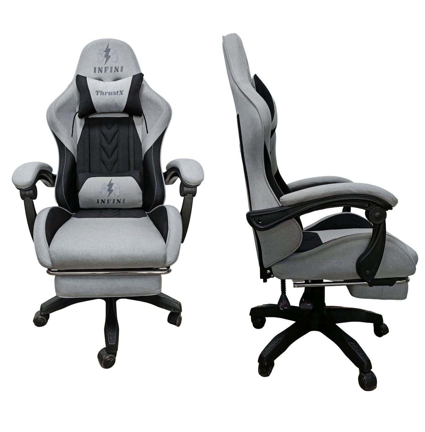 Fotel Gamingowy INFINI ThrustX Light Gray Tkanina + Podnóżek
