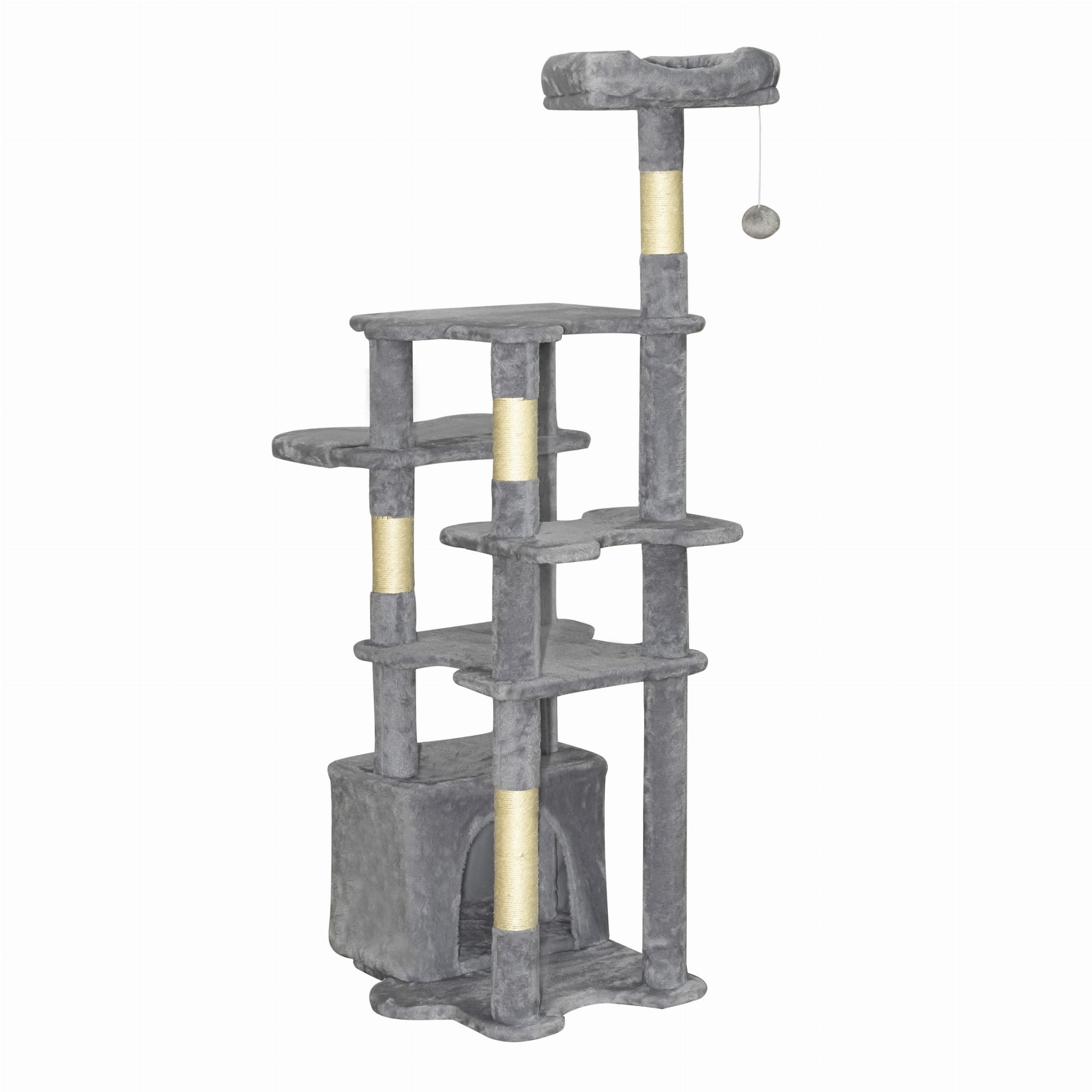 Duży drapak dla kota 145 cm – 6 poziomów, legowisko, budka, stabilny – szary