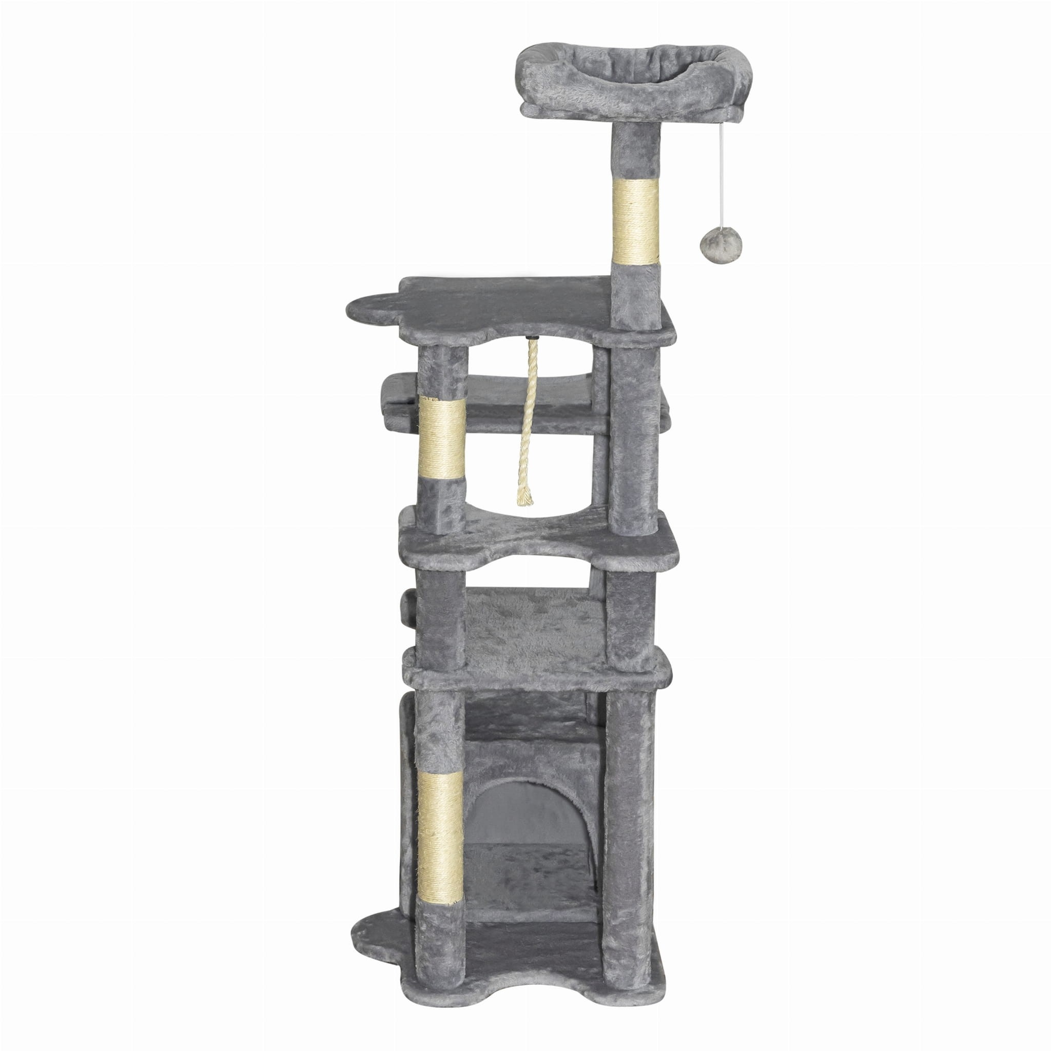Duży drapak dla kota 145 cm – 6 poziomów, legowisko, budka, stabilny – szary