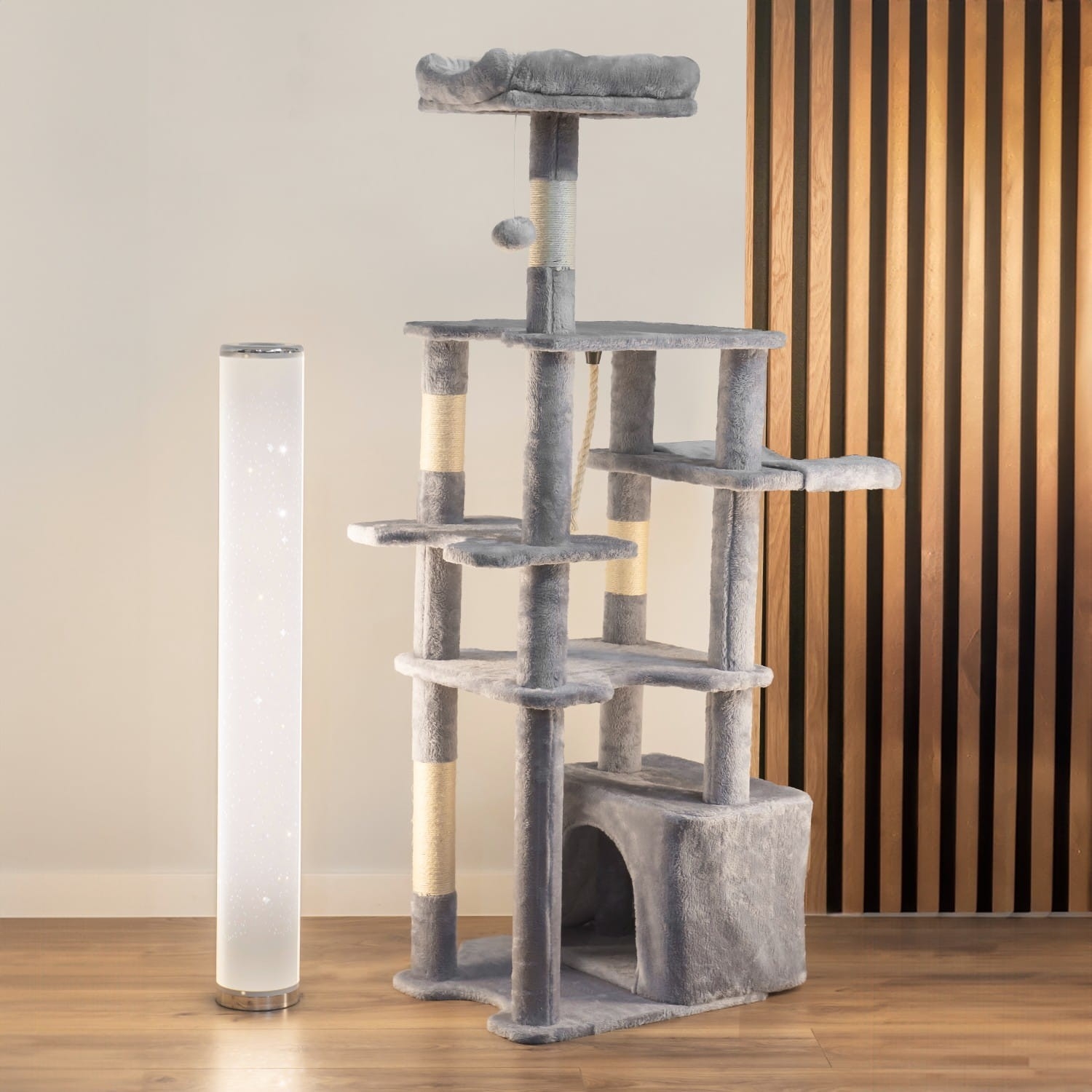 Duży drapak dla kota 145 cm – 6 poziomów, legowisko, budka, stabilny – szary