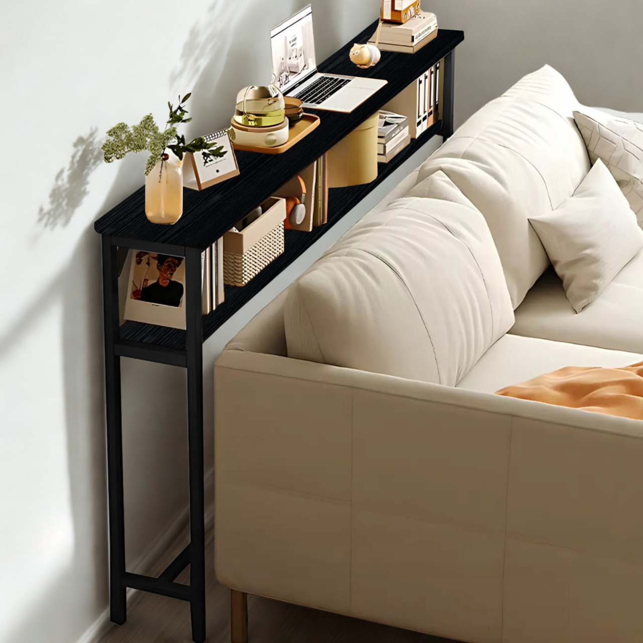 KONSOLA TOALETKA Z PÓŁKĄ ZA KANAPĘ LOFT 100 x 20 x 100,2 CM CZARNA [KONSOLA6]